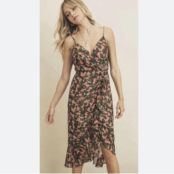 Dress Forum Dresses & Skirts - DRESS FORUM Midi Dress Wrap Floral Ruffle Cottagecore Womens Small Green Orange